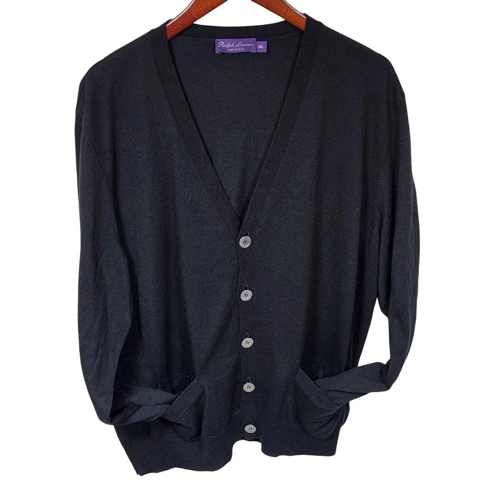 Ralph Lauren Purple Label 100% Cashmere V-Neck Cardigan Black Men XXL Made Italy